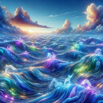 Primary subject: Ocean
Setting/background: Cloudy sky
Visual style: Digital art
Colors and mood: Purple, blue, and green